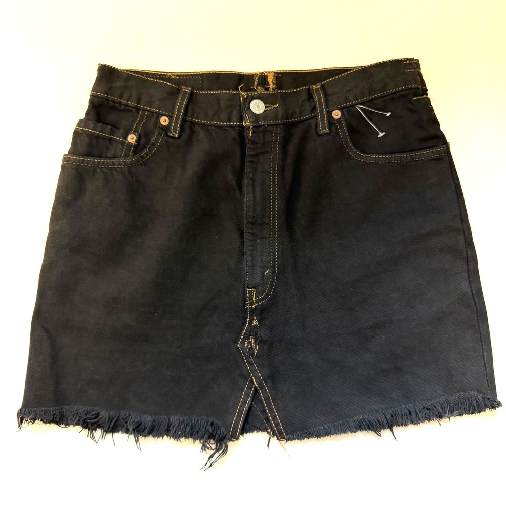 Handmade Reworked Levis Black Denim Mini Skirt Custom Cut Off Upcycled